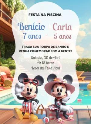 Convite Aniversário Duplo Mickey e Minnie Pool Party para Editar