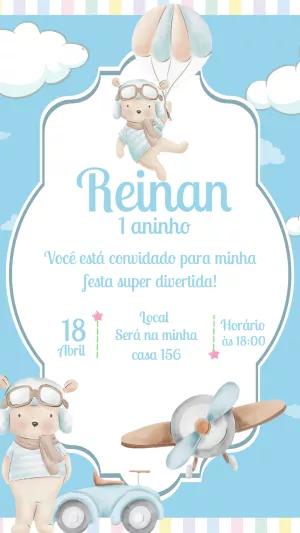 Convite de Aniversário Ursinho Aviador para Editar Online