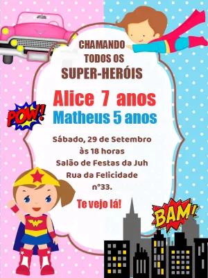 Convite Aniversário Duplo Super-Heróis para Editar Online