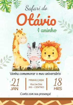 Convite Aniversário Safari com Animais Fofos para Editar Online