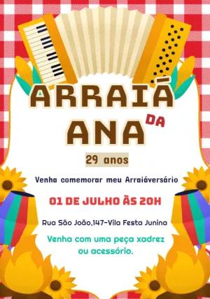 Convite Aniversário Festa Junina com Sanfona para Editar Online