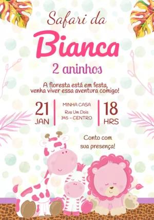 Convite Aniversário Safari Rosa com Animais para Editar Online