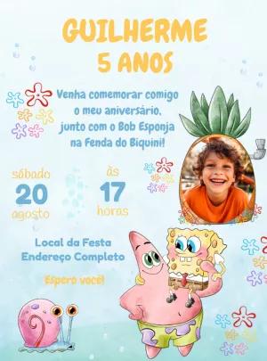 Convite Aniversário Bob Esponja com Foto para Editar Online