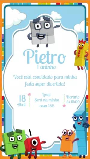 Convite Aniversário Numberblocks com Personagens para Editar