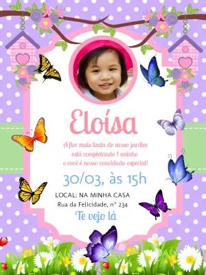 Convite Aniversário Jardim das Borboletas com Foto para Editar