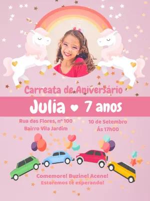 Convite Carreata de Aniversário Unicórnio com Foto para Editar