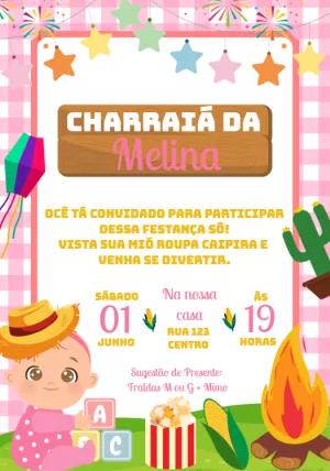 Convite Charraiá de Menina Rosa com Tema Caipira para Editar