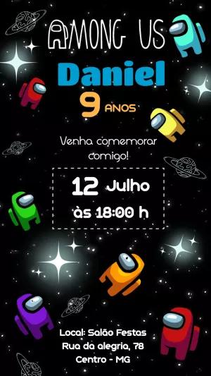Convite Aniversário Among Us com Personagens para Editar Online