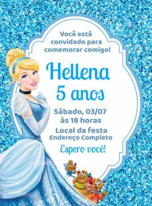 Convite Aniversário Cinderela com Glitter para Editar Online