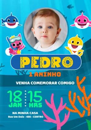 Convite Aniversário Baby Shark com Foto para Editar Online