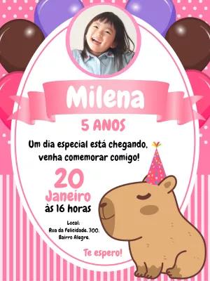 Convite de Aniversário Capivara Rosa com Foto para Editar
