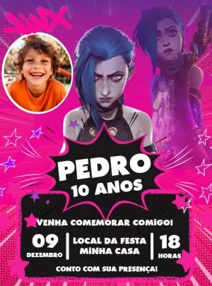 Convite de Aniversário Jinx Arcane com Foto para Editar
