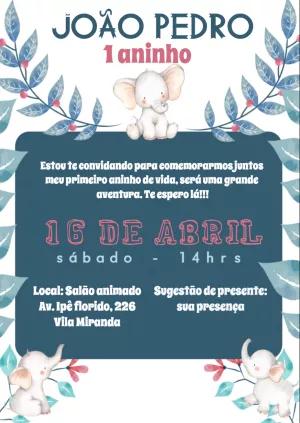 Convite Aniversário Elefantinho Fofo para Editar Online