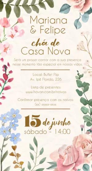 Convite Chá de Casa Nova Floral Aquarela para Editar Online