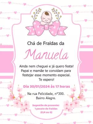Convite Chá de Fraldas Menina com Laço Rosa para Editar