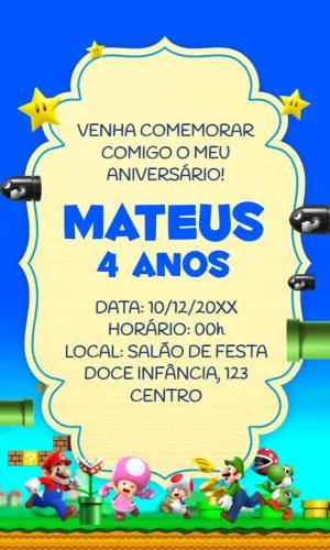 Convite Aniversário Super Mario Bros com Personagens para Editar