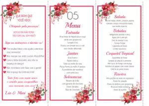 Menu de Casamento Floral Vermelho Tri-fold para Editar