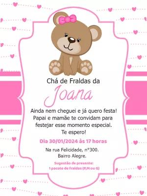 Convite Chá de Fraldas Ursinha Rosa para Editar Online