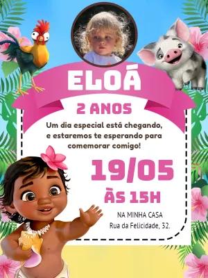 Convite Aniversário Moana Baby com Foto para Editar Online