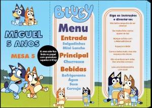 Menu de Mesa Bluey e Bingo Editável para Aniversário