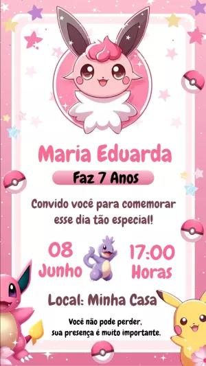 Convite Aniversário Pokémon Rosa para Menina para Editar Online