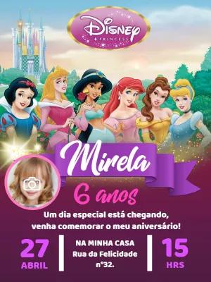 Convite Aniversário Princesas Disney com Foto para Editar Online
