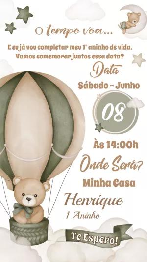 Convite de Aniversário Ursinho Baloeiro para Editar Online