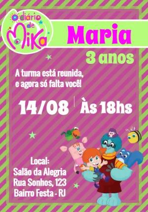 Convite Aniversário O Diário de Mika com Personagens para Editar