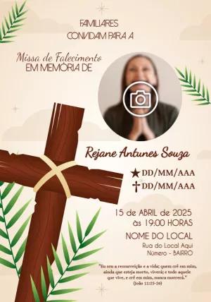 Convite de Missa de Falecimento com Foto e Cruz para Editar Online