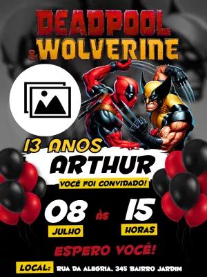 Convite Aniversário Deadpool e Wolverine com Foto para Editar