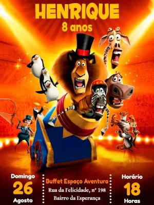 Convite de Aniversário Madagascar com Personagens para Editar
