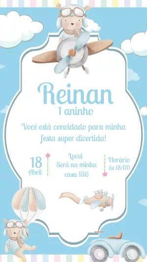 Convite Aniversário Ursinho Aviador para Editar Online
