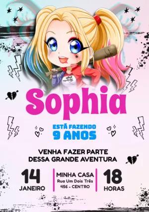 Convite de Aniversário Arlequina Chibi para Editar Online
