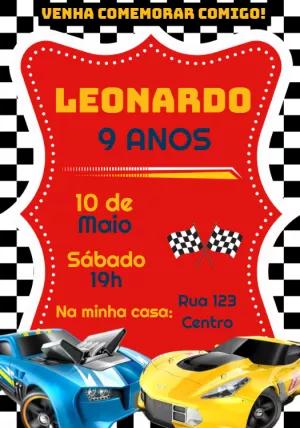 Convite Aniversário Carros de Corrida para Editar Online