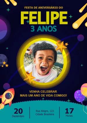 Convite de Aniversário Astronauta com Foto para Editar Online