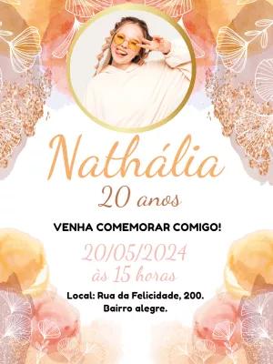 Convite de Aniversário Aquarela Dourado com Foto para Editar