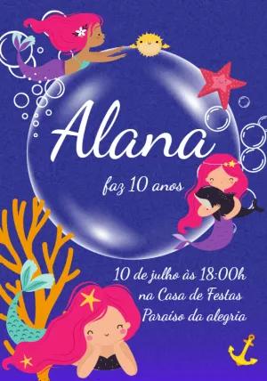 Convite de Aniversário Sereia Fundo do Mar para Editar Online