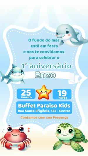 Convite de Aniversário Fundo do Mar com Animais para Editar