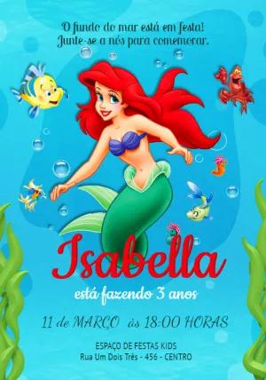 Convite Aniversário Ariel A Pequena Sereia para Editar Online