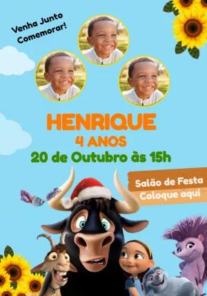 Convite Aniversário O Touro Ferdinando com Foto para Editar