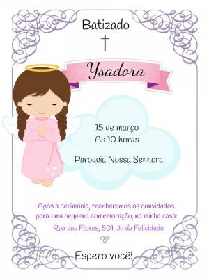 Convite de Batizado Anjinha Rosa para Editar Online