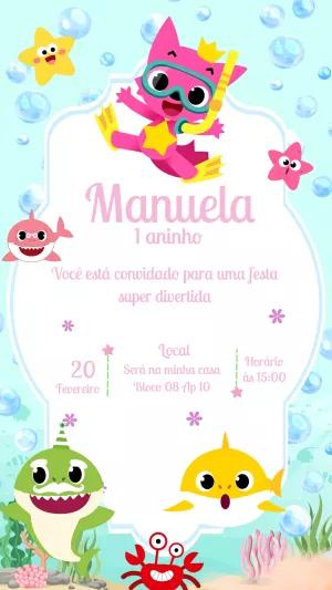 Convite Aniversário Baby Shark com Personagens para Editar Online