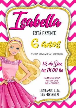 Convite Aniversário Barbie Rosa e Dourado para Editar Online