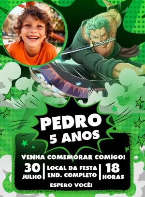 Convite Aniversário One Piece Zoro com Foto para Editar