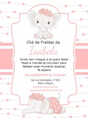 Convite Chá de Fraldas Elefantinha Rosa para Editar Online