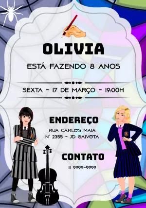 Convite Aniversário Wandinha Addams com Personagens para Editar