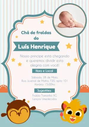 Convite Chá de Fraldas Menino Animais com Foto para Editar