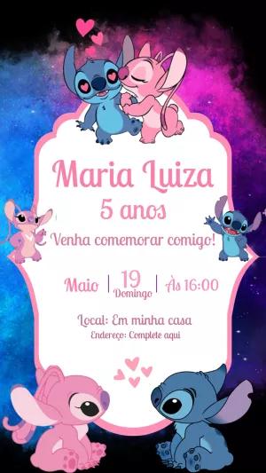 Convite Aniversário Stitch e Angel para Editar Online