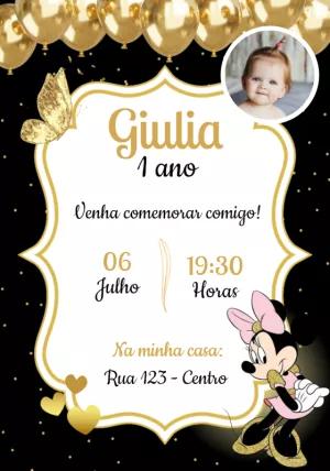 Convite Aniversário Minnie Dourada com Foto para Editar Online