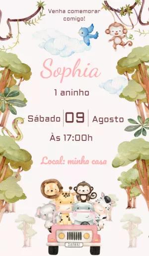 Convite de Aniversário Safari Rosa com Animais para Editar Online
